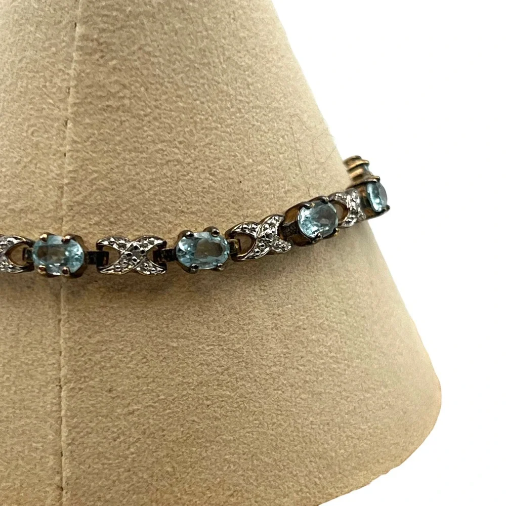 Sterling Silver Blue Topaz XO Hugs & Kisses Gold Tone‎ Tennis Bracelet 6.5 Inch